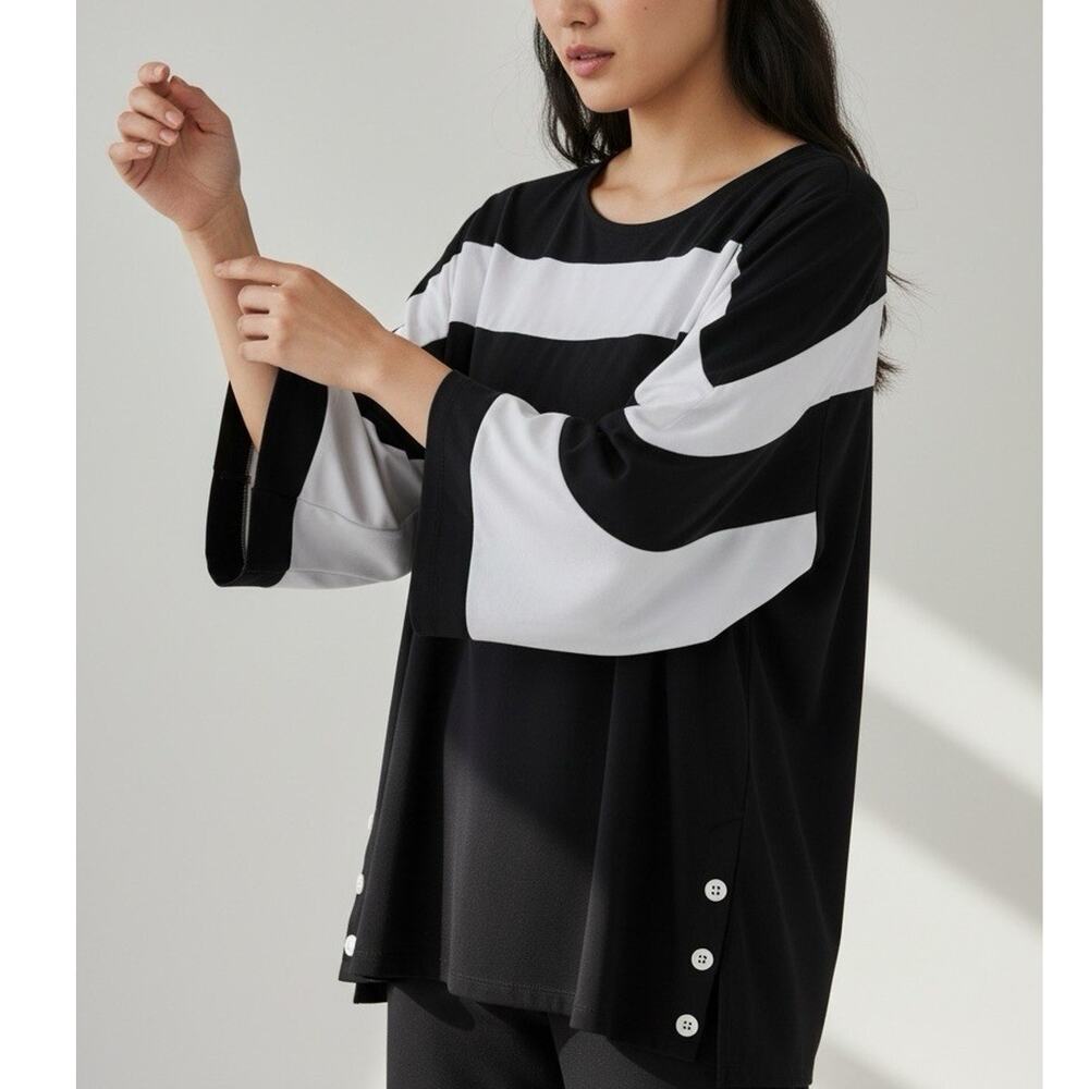 Multiples Tunic Colorblock Round neck Boxy Casual Art to Wear Black White 2X